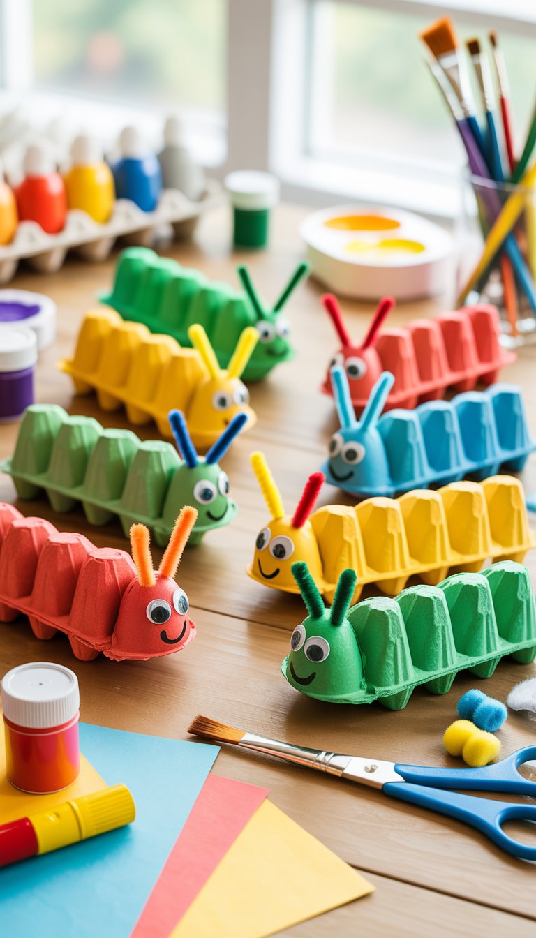 Colorful egg carton caterpillar crafts arranged on a table with paintbrushes and craft supplies.