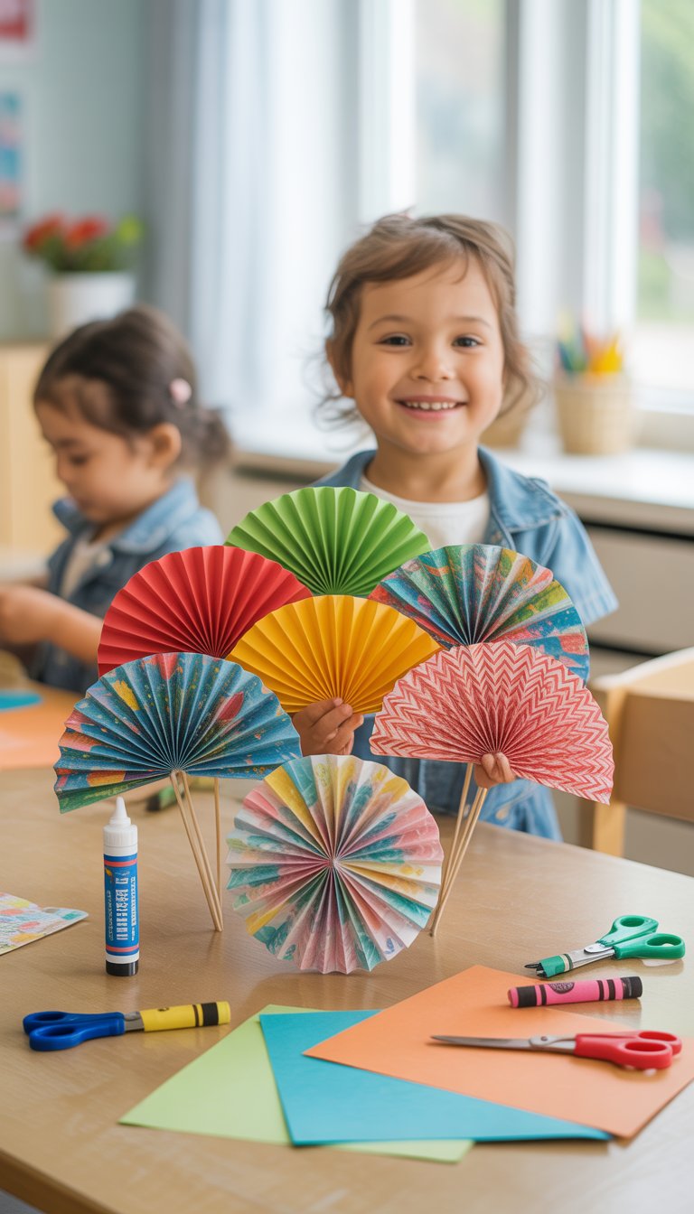 Children making colorful paper fans with craft supplies on a table in a bright classroom.