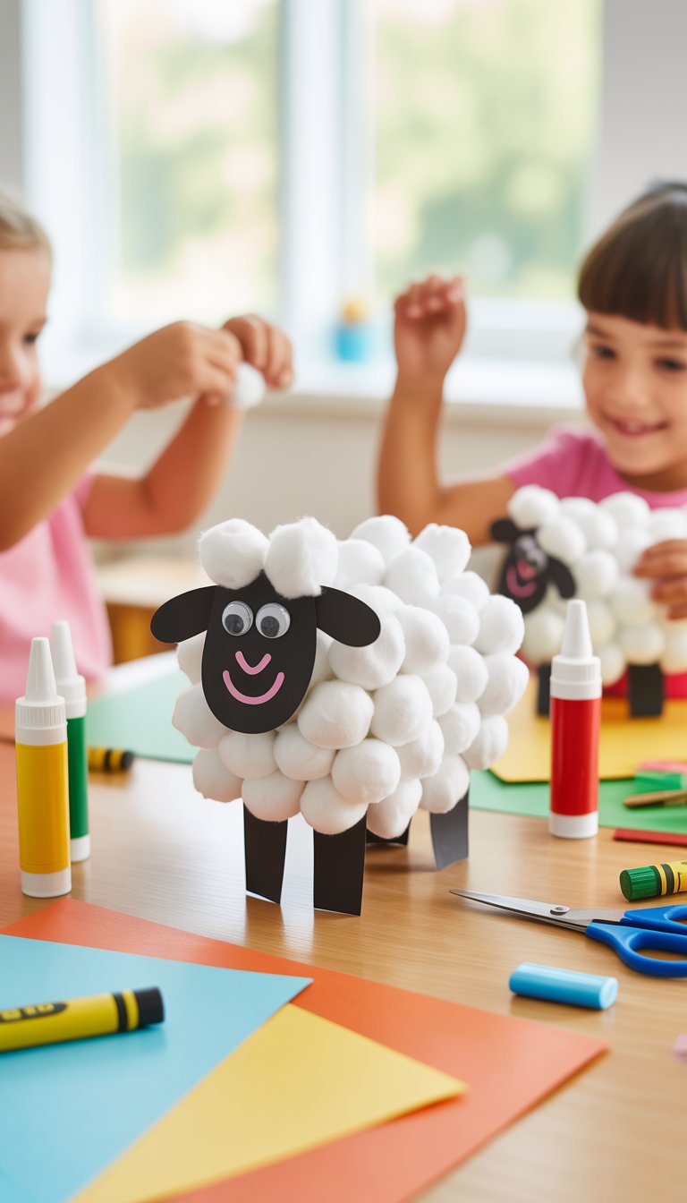 A handmade sheep craft made from cotton balls and paper on a table with preschool art supplies and children working in the background.