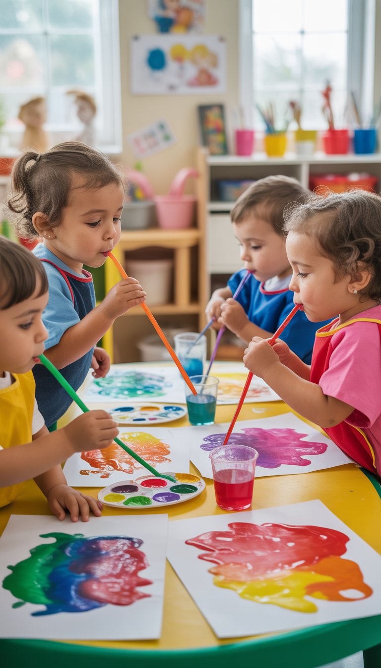 Preschool children blowing paint through straws to create colorful artwork at a classroom table.