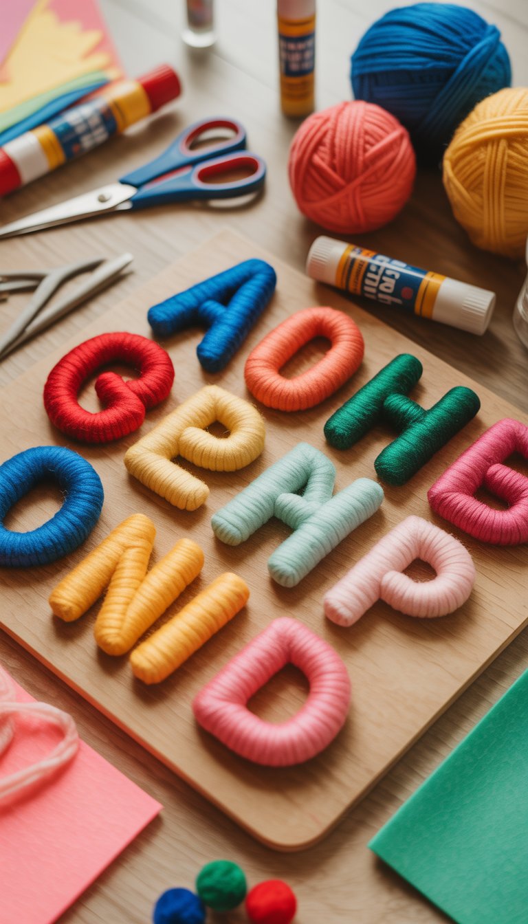 Close-up of colorful yarn-wrapped wooden letters surrounded by preschool crafting supplies on a wooden surface.