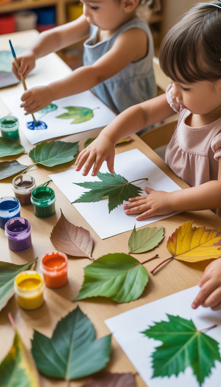 Children's hands stamping colorful leaves onto paper during a preschool craft activity.