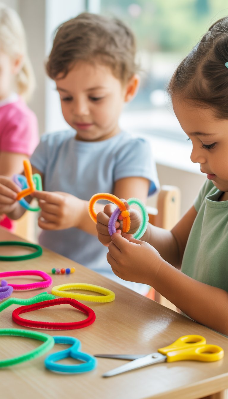 Children’s hands making colorful pipe cleaner bracelets on a wooden table with craft supplies.