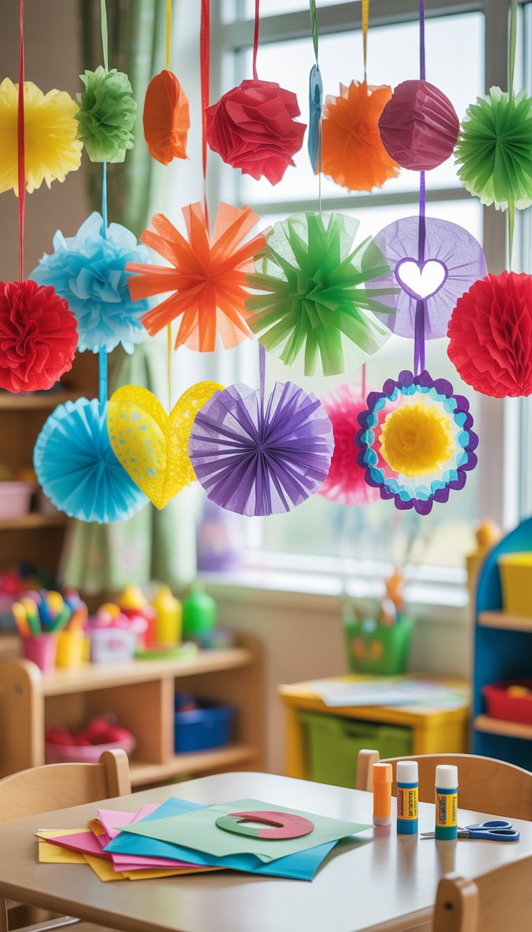 Colorful tissue paper suncatchers hanging in front of a sunlit window with craft supplies and child-sized furniture in a preschool classroom.