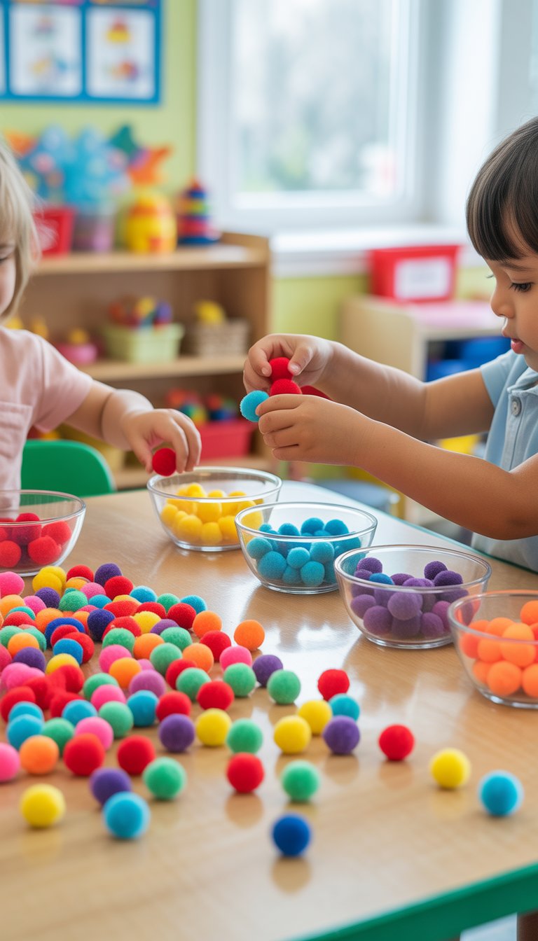 A child's hands sorting colorful pom poms into bowls on a classroom table.