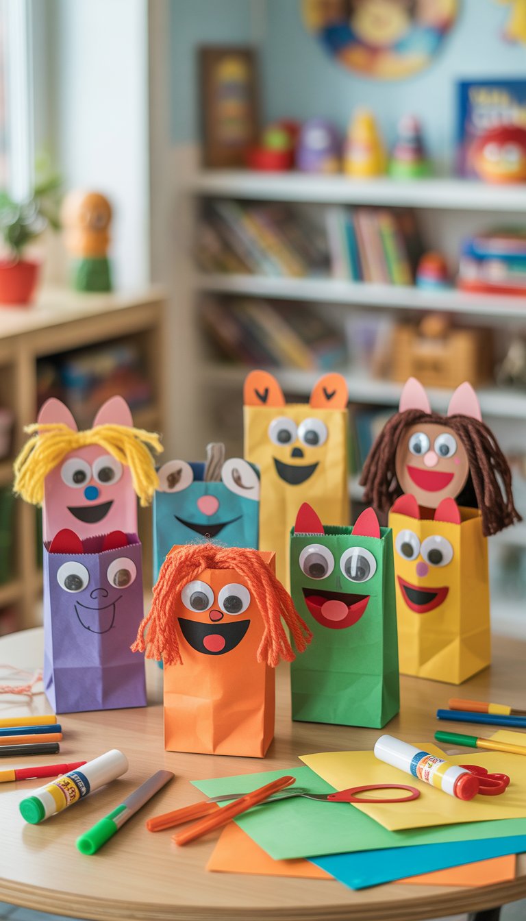 A collection of colorful paper bag puppets made by preschoolers displayed on a table with art supplies in a classroom.