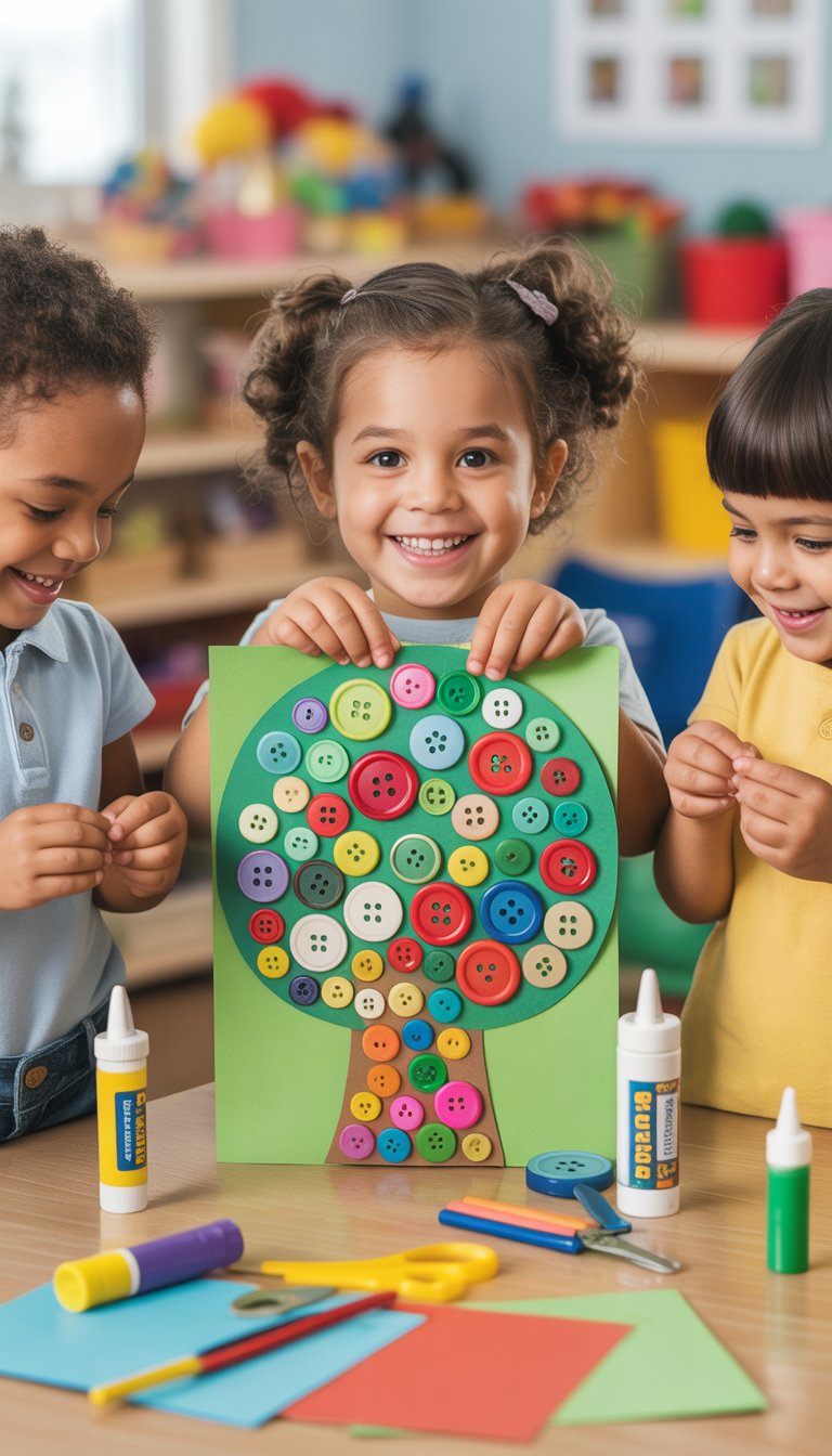 Young children creating colorful button tree crafts with buttons and art supplies on a table in a bright classroom.