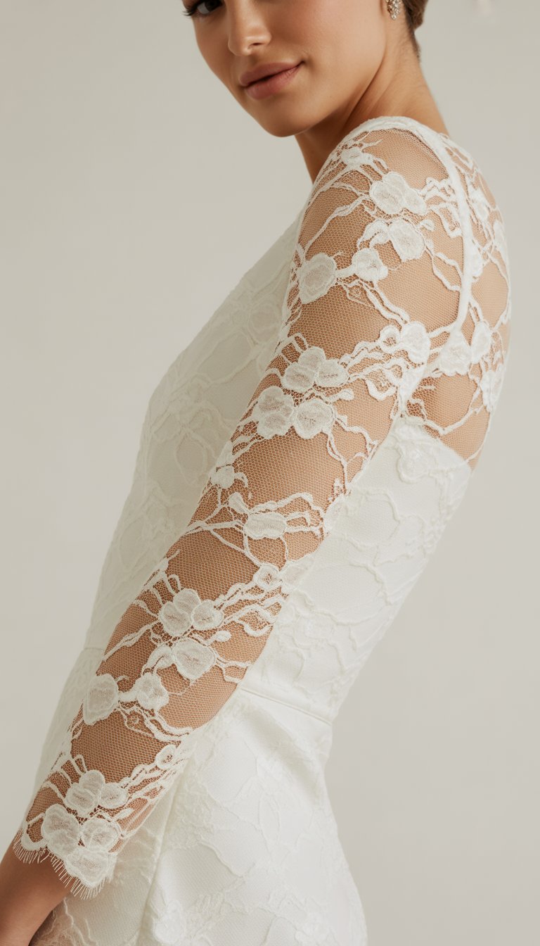 A woman wearing a white lace dress with floral patterns standing against a neutral background.