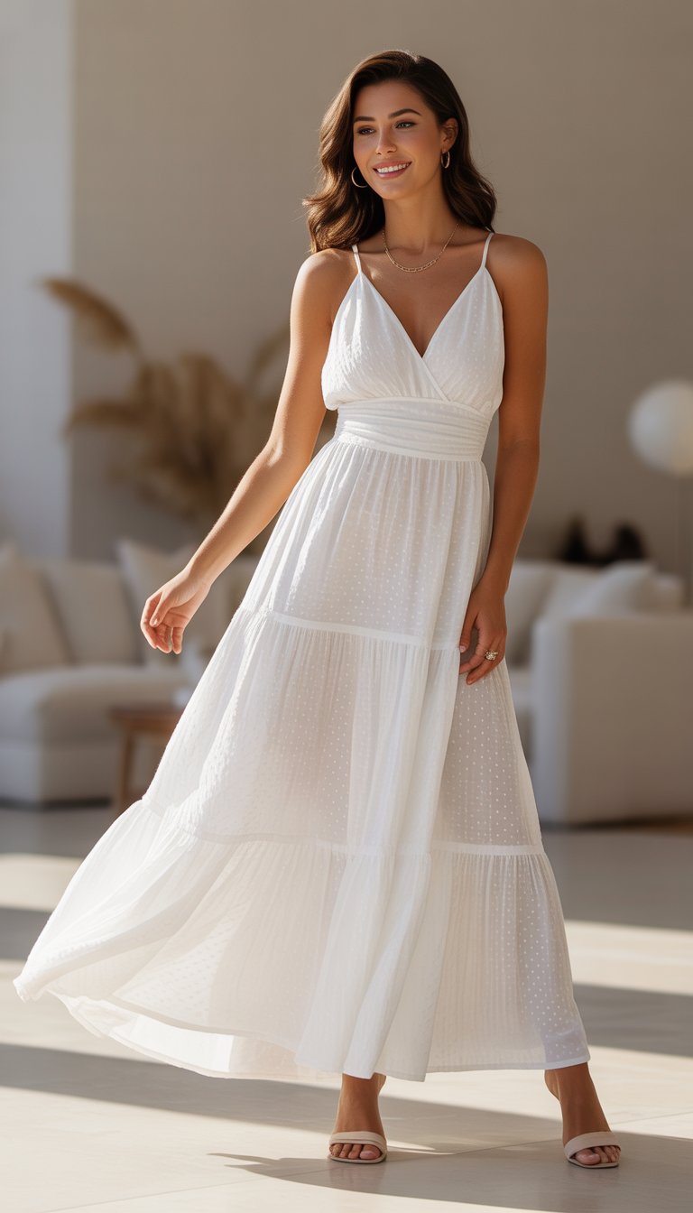 A woman standing in a bright room wearing a long white dress with a cinched waist.