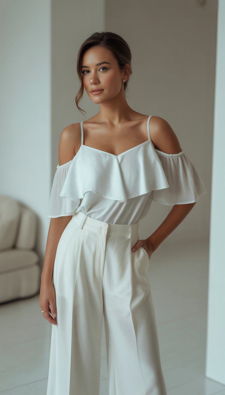 A woman standing in a bright studio wearing a white off-shoulder ruffled blouse and white culottes.