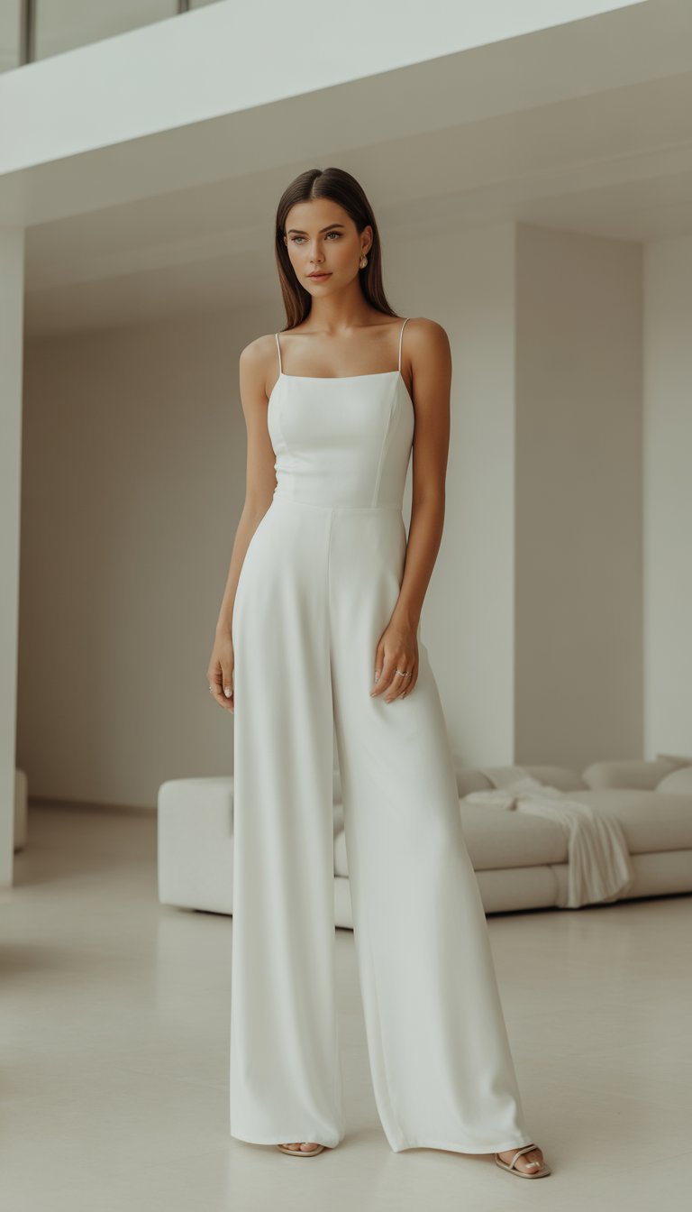A woman standing indoors wearing a white jumpsuit with wide legs in a bright, clean setting.