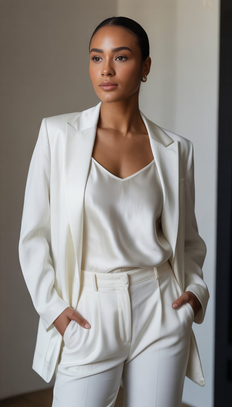A woman wearing a white blazer, silk camisole, and trousers standing against a plain background.