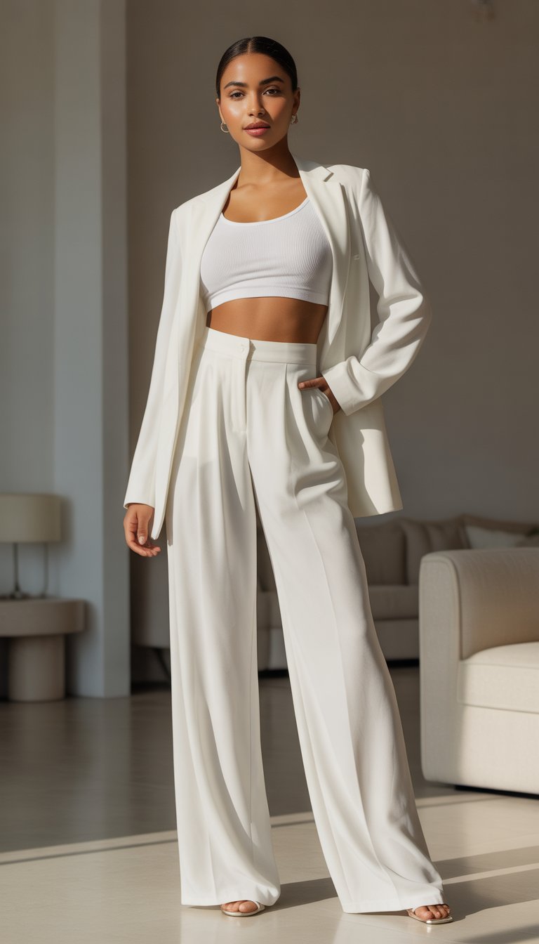 A woman standing indoors wearing white palazzo pants and a white crop top.
