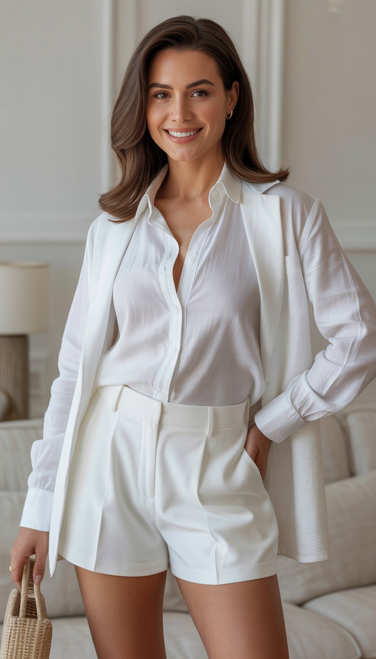 A woman wearing white tailored shorts and a lightweight white button-up shirt standing in a bright, neutral setting.
