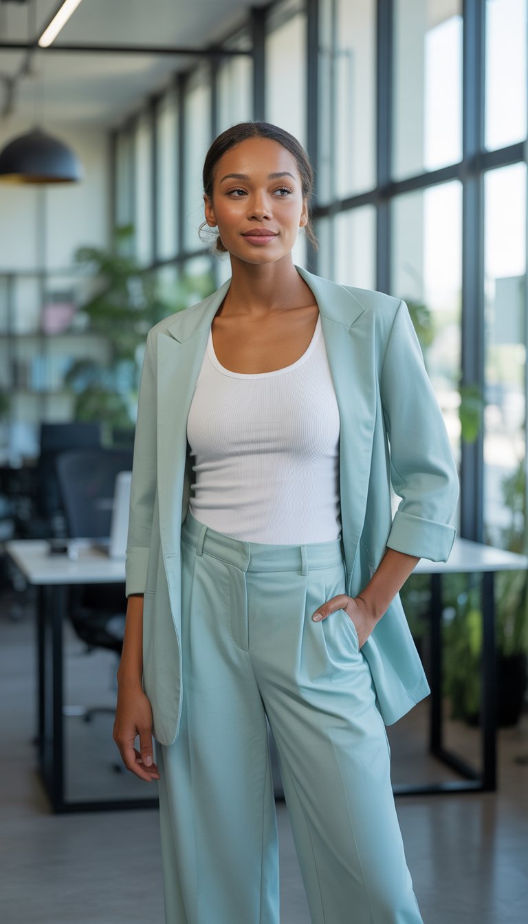A woman standing in an office wearing pastel blue trousers and a white tank top.
