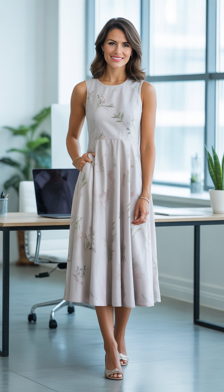 A woman standing in a bright office wearing a lightweight midi dress with floral prints.