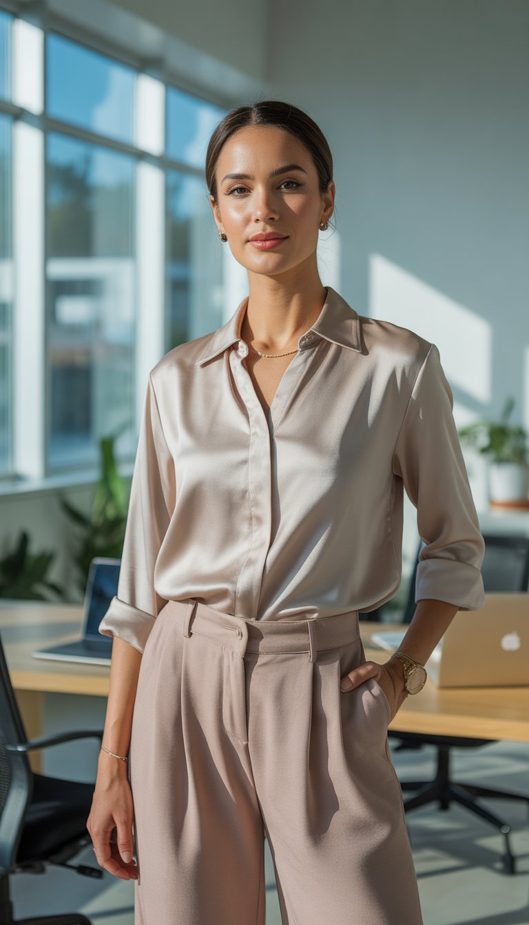A woman standing in a bright office wearing a silk blouse tucked into high-waisted ankle pants.