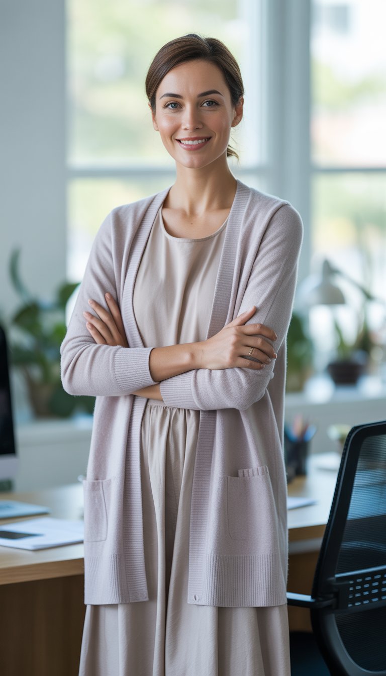 A woman wearing a light cashmere cardigan over a sleeveless dress standing in a bright office environment.