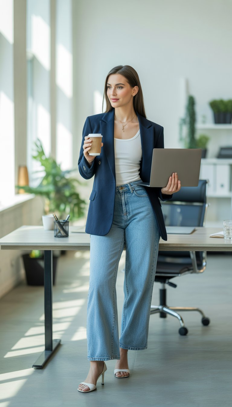 A woman standing in a bright office wearing denim jeans and a structured blazer, holding a coffee cup and laptop.