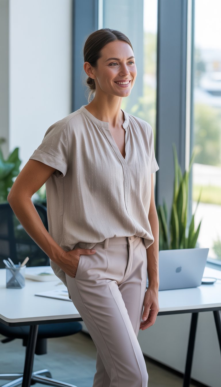 A woman standing in an office near a window wearing a light blouse and tapered pants, smiling and looking confident.