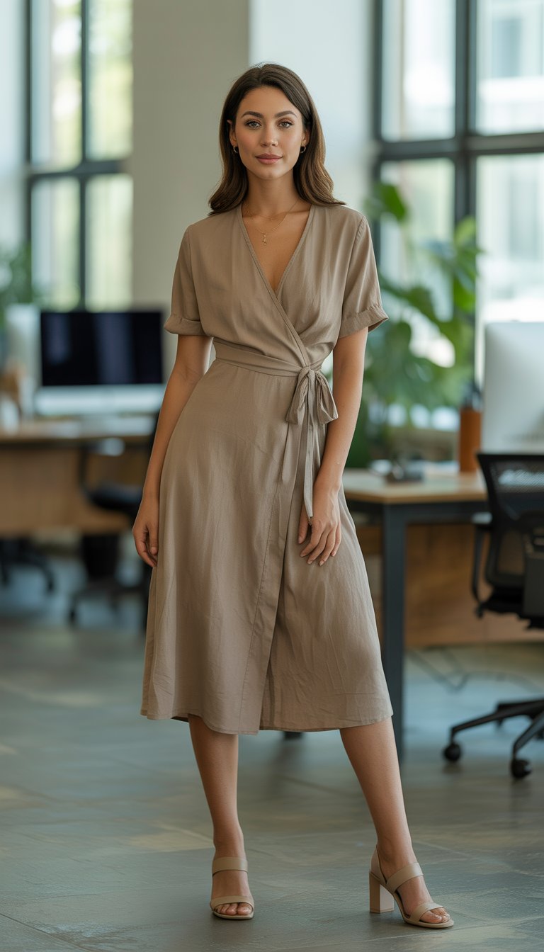 A woman standing in a modern office wearing a neutral-toned wrap dress and block heels.