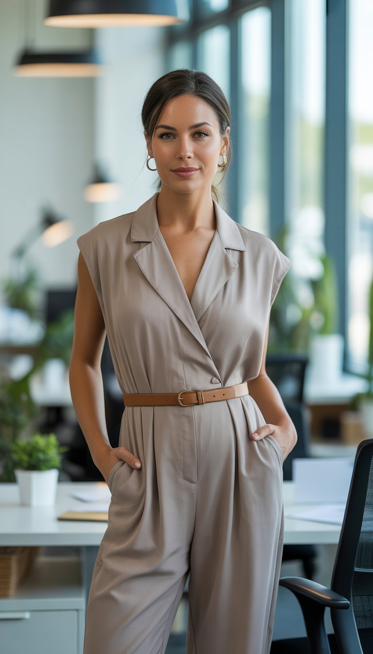 A woman wearing a jumpsuit with a thin leather belt standing in a bright office setting.