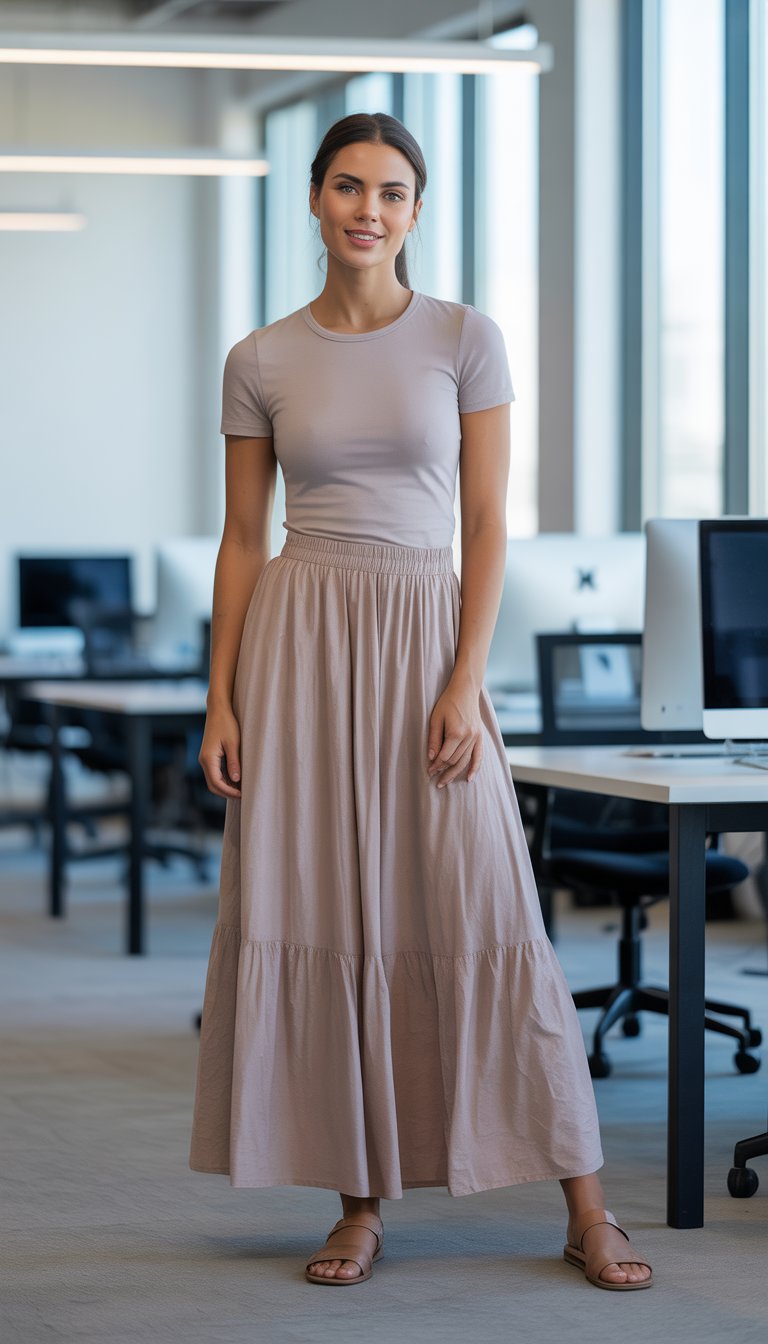 A woman standing in a modern office wearing a flowy maxi skirt and a plain crew neck t-shirt.