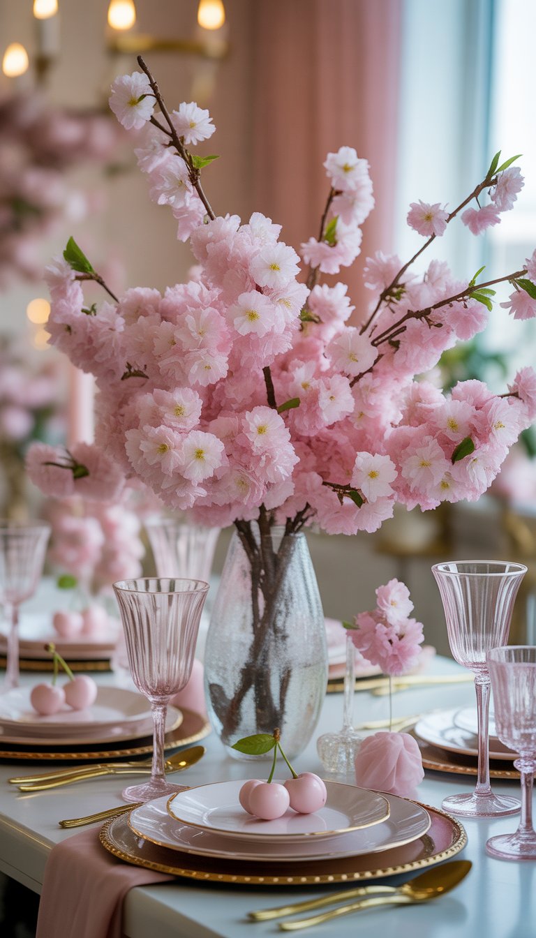 A table with a cherry blossom centerpiece decorated with gold accents at a baby shower.