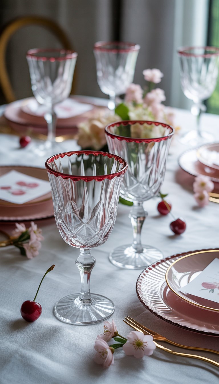 Crystal glasses with red rims arranged on a table decorated with cherry-themed baby shower decorations and floral centerpieces.
