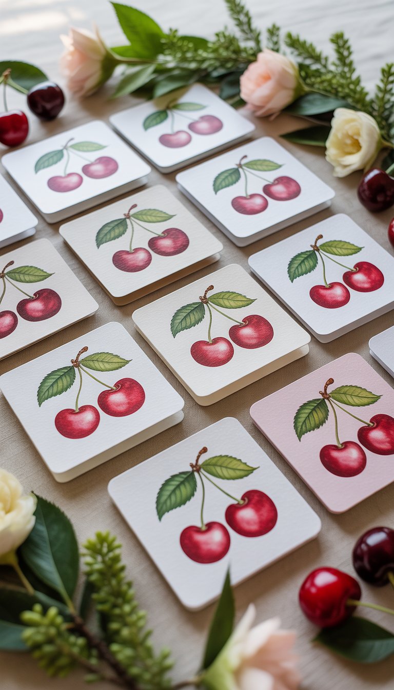 A set of elegant baby shower invitation cards decorated with red cherries and green leaves, arranged with fresh cherries and foliage on a light background.