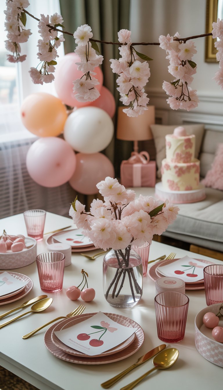 A baby shower setup decorated with silk cherry blossom garlands, cherry-themed centerpieces, balloons, and a cake, arranged in a softly lit room.