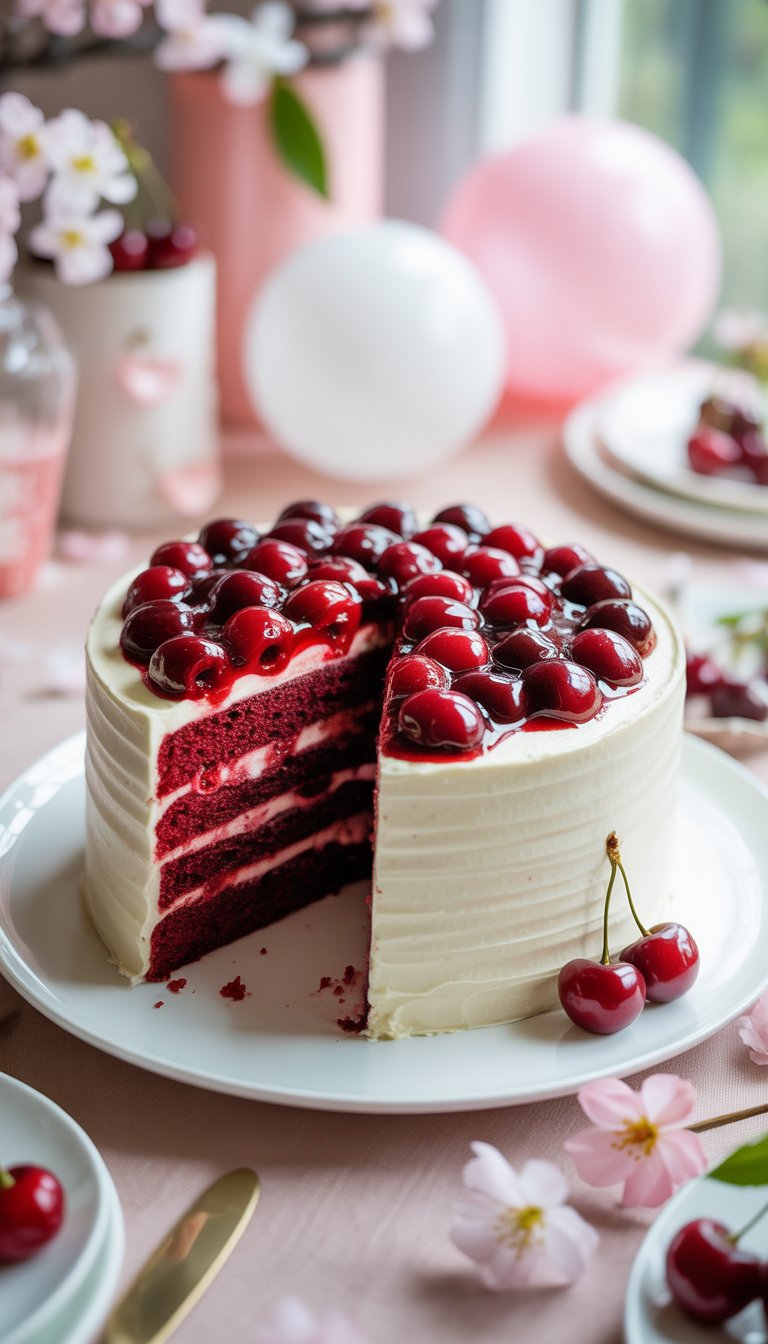 A red velvet cake topped with cherry compote surrounded by cherry-themed baby shower decorations.