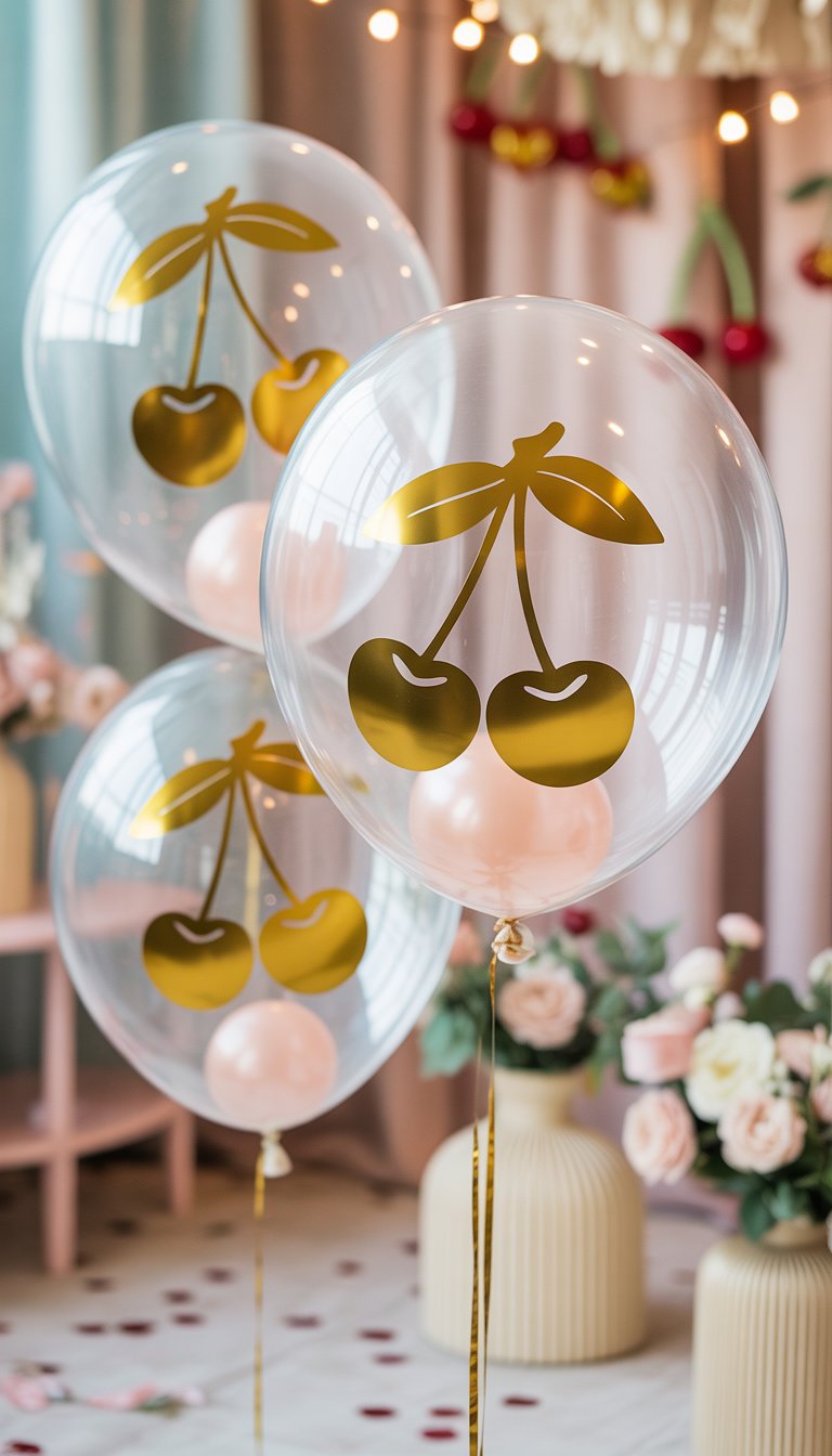 Clear balloons with gold cherry decals floating in a baby shower setting with pastel decorations and floral arrangements.