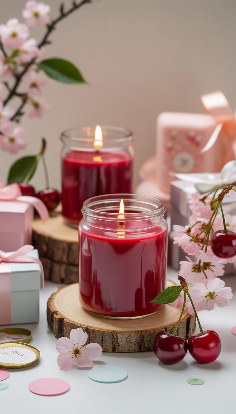 Cherry-scented soy candles in glass jars surrounded by cherry-themed baby shower decorations including fresh cherries and pastel ribbons.