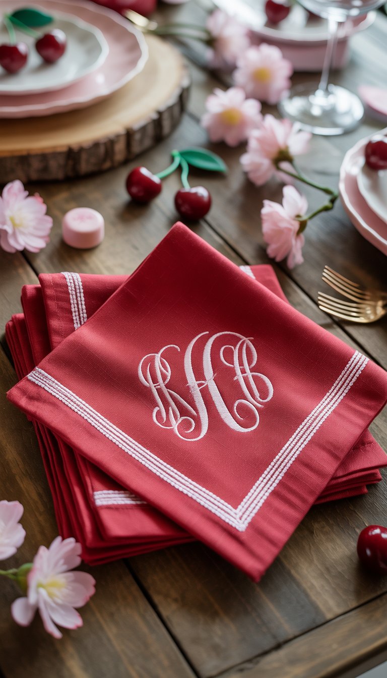 Monogrammed cherry red linen napkins arranged on a wooden table with cherry-themed baby shower decorations around them.
