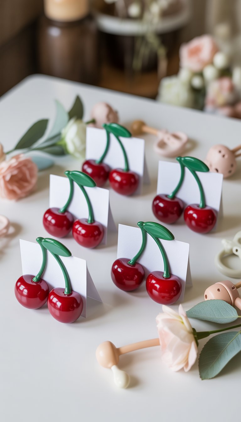 Cherry-shaped place card holders arranged on a table with baby shower decorations.