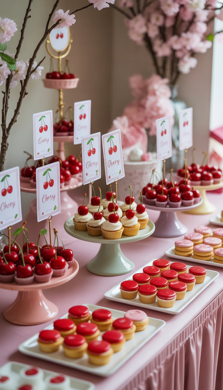 A dessert buffet table decorated with cherry-themed desserts and elegant decorations for a baby shower.