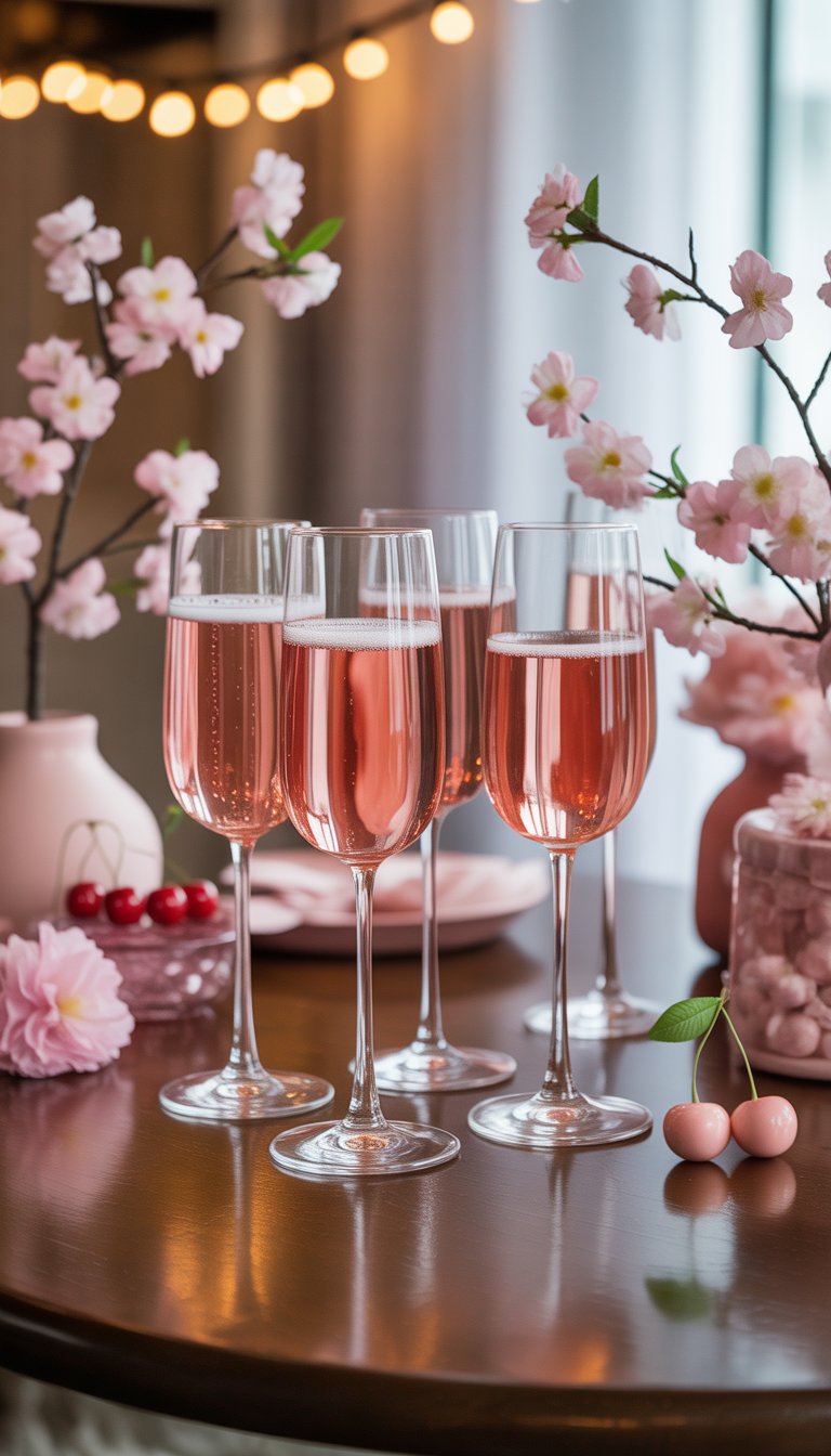 Cherry-tinted champagne flutes filled with rosé wine surrounded by cherry-themed baby shower decorations on a wooden table.