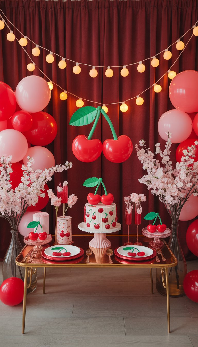 Cherry-themed baby shower setup with red velvet backdrop and glowing fairy lights, featuring elegant decorations and table settings.
