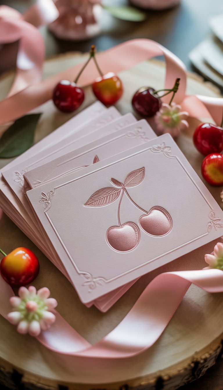 A set of elegant thank you cards embossed with cherry designs surrounded by cherry-themed baby shower decorations and small cherries on a soft surface.