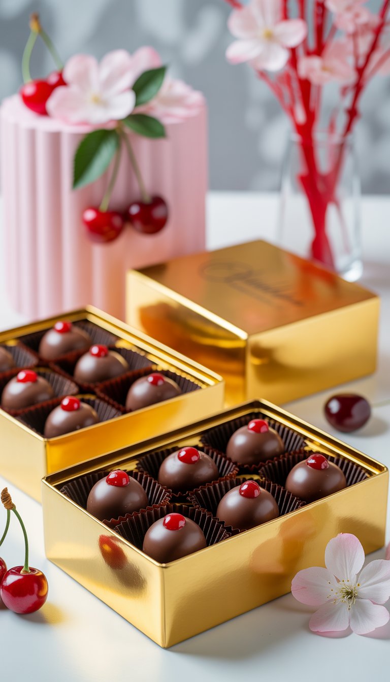 Chocolate-covered cherry truffles displayed inside open gold boxes with cherry decorations in the background.