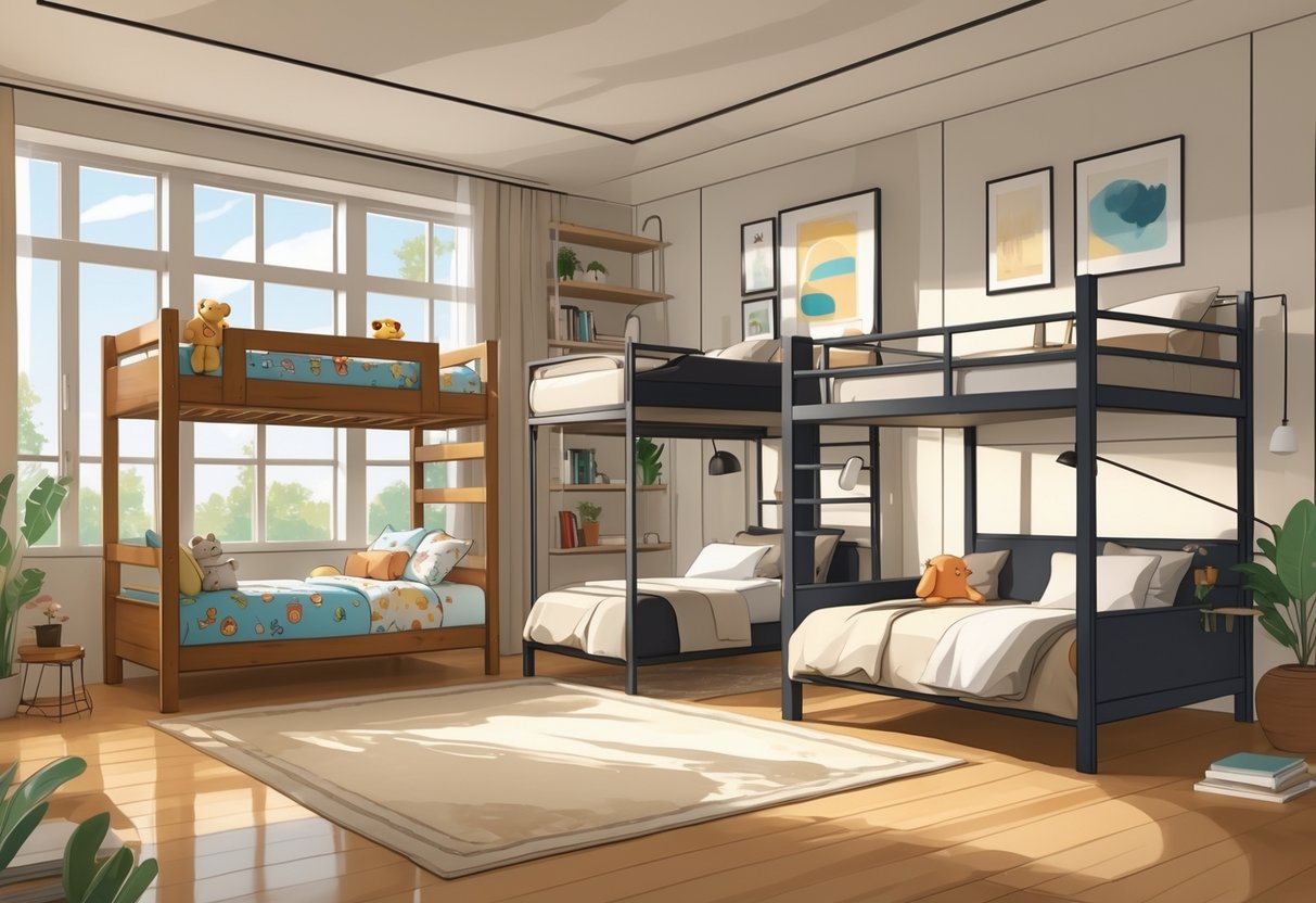 A bright bedroom with three sets of bunk beds designed for children, teenagers, and adults, each with appropriate bedding and decor.