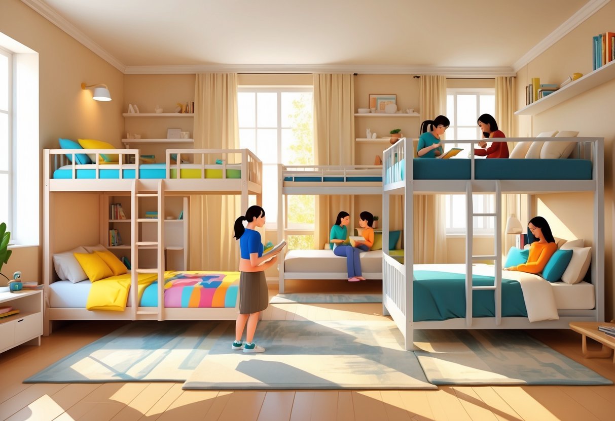 A bedroom with three different bunk beds for children, teenagers, and adults, each occupied by people using the beds in various ways.
