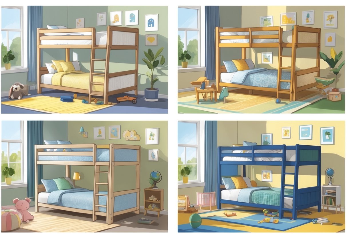 Three different bunk beds designed for toddlers, children, and teenagers in a safe and cozy bedroom setting.