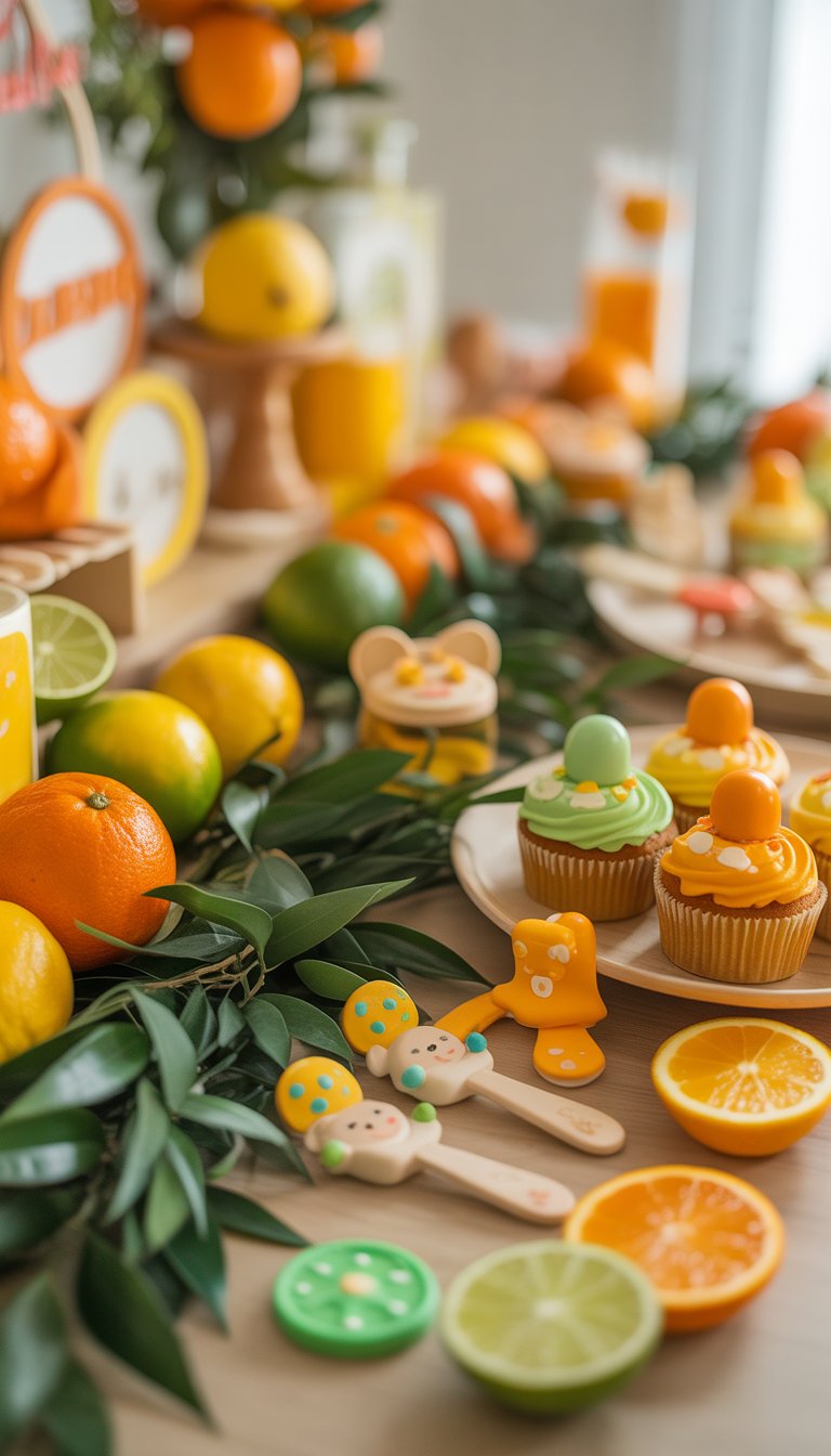 A baby shower table decorated with orange, yellow, and green citrus-themed decorations including cupcakes, garlands, baby items, and fresh citrus fruits.