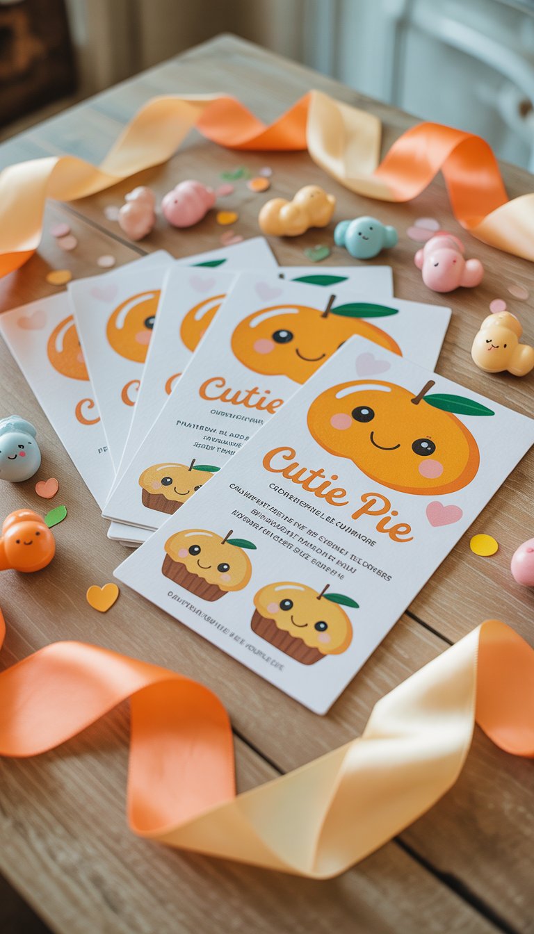 A table with baby shower invitations featuring smiling clementines and pies surrounded by baby shower decorations.