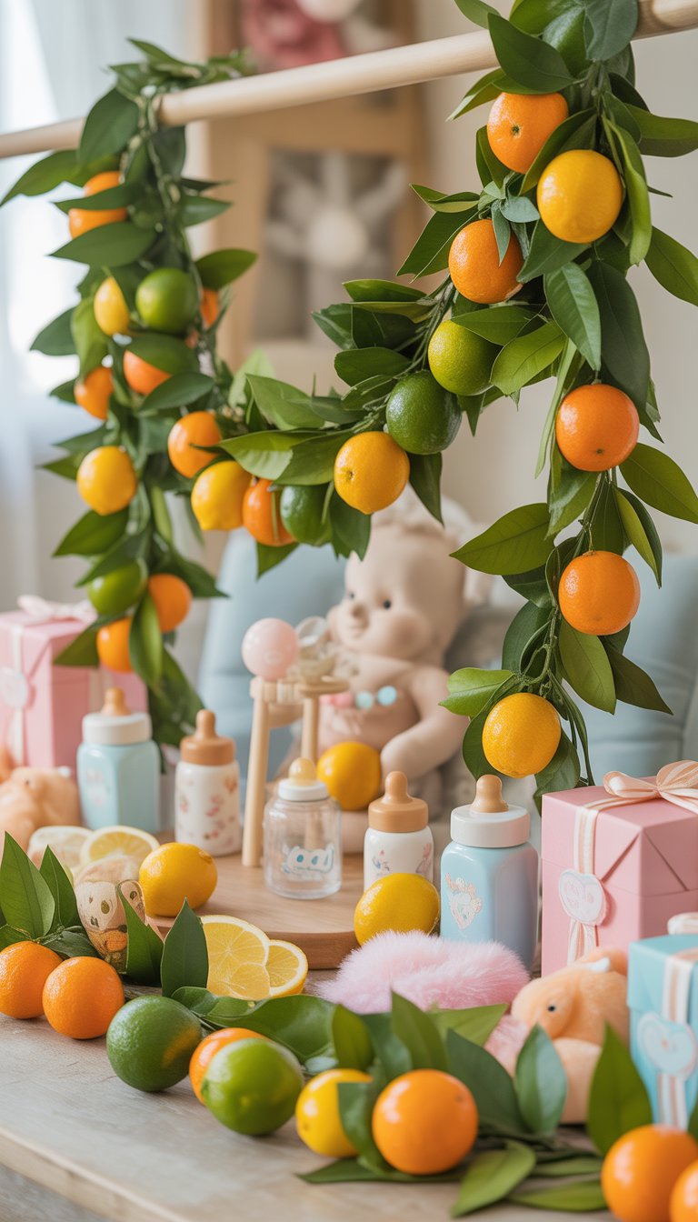 A baby shower table decorated with miniature citrus fruit garlands, pastel decorations, and baby-themed items.