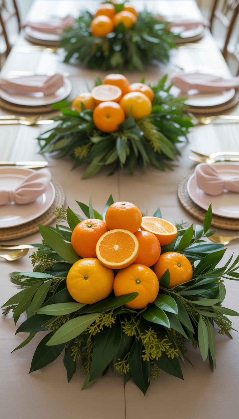 A table with centerpieces made of fresh oranges and green leaves, set for a baby shower celebration.