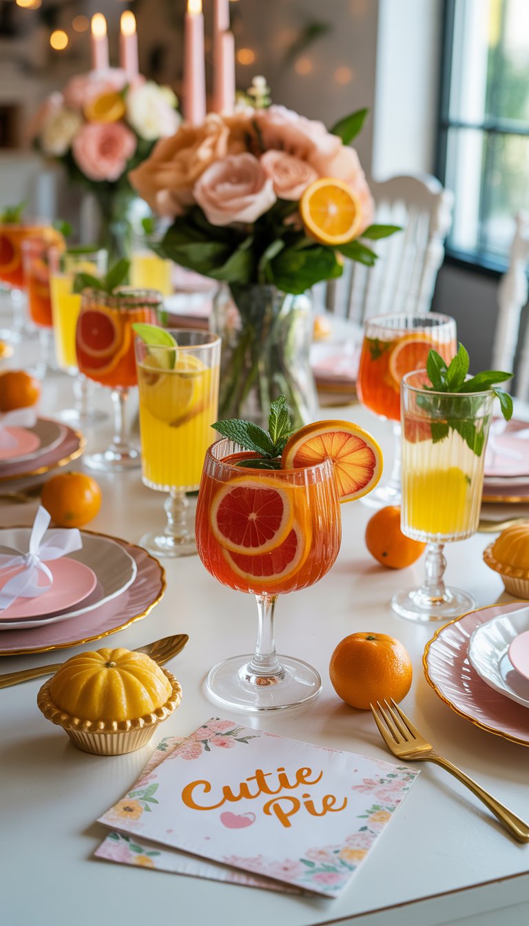 A baby shower table with citrus mocktails garnished with fresh fruit and decorated with pastel colors and baby shower decorations.