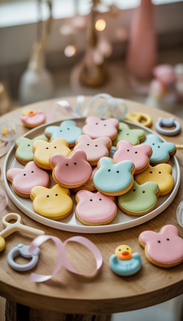 Plate of pastel-colored cutie pie shaped cookies surrounded by baby shower decorations on a wooden table.